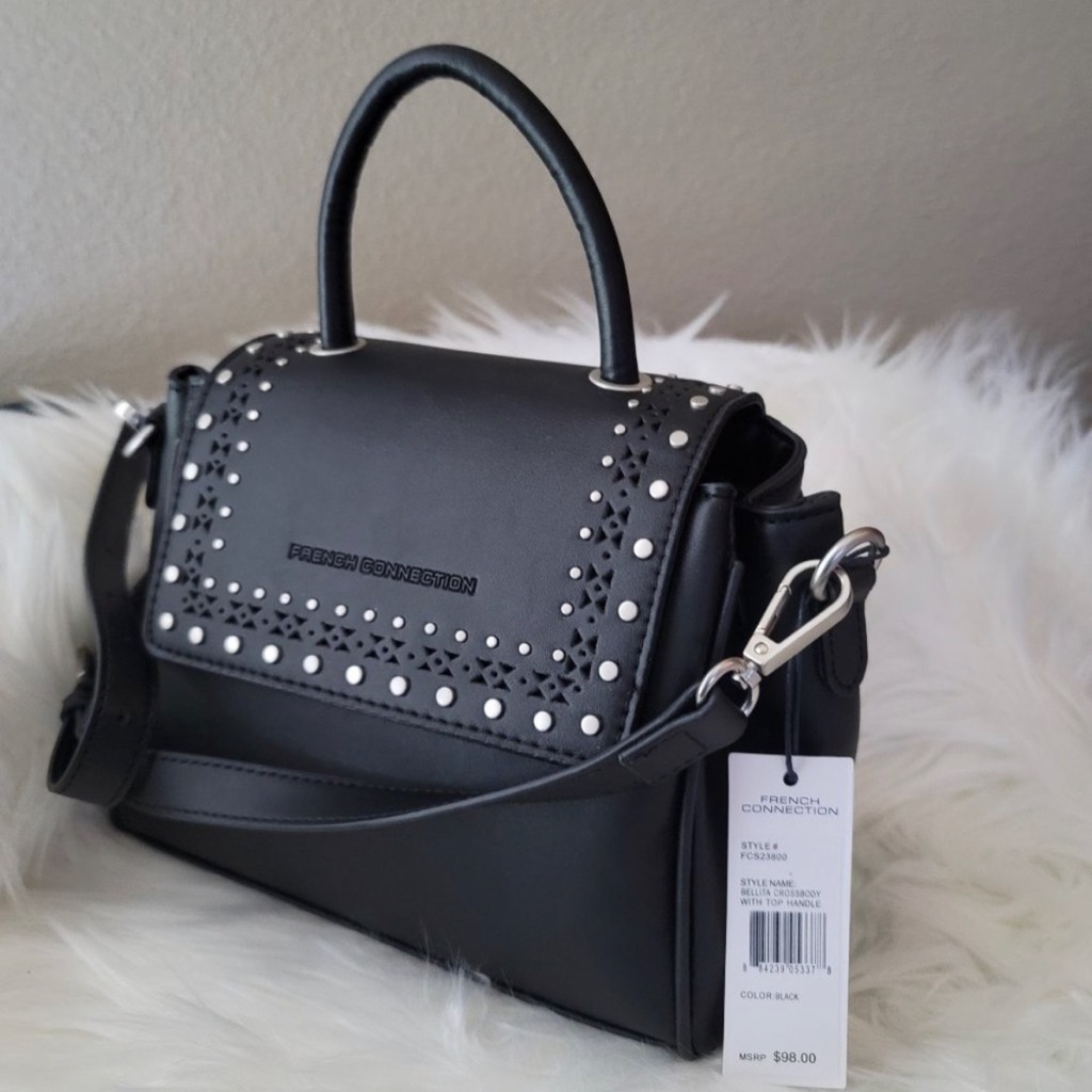 French Connection Boho Studded Bellita Black Crossbody Hand Shoulder Bag Nwt